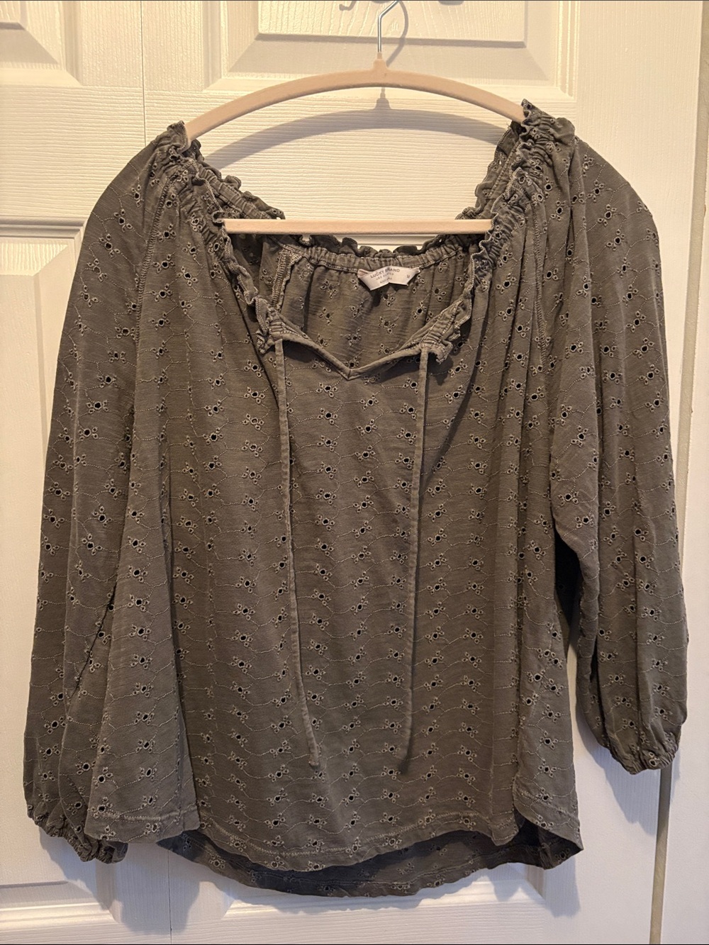 Women's Olive Eyelet Peasant Top - Lightweight Long Sleeve